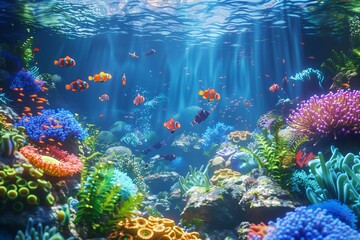 Naklejka premium A vibrant coral reef teeming with colorful fish, anemones, and sea plants, illuminated by sunlight streaming through the clear blue water, creating a mesmerizing underwater scene.