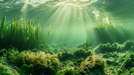 Naklejka na ściany i meble Underwater View of Grass and Water