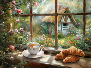 tea cup and croissant painting on window sill