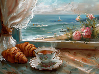 A cup of tea and croissant painting