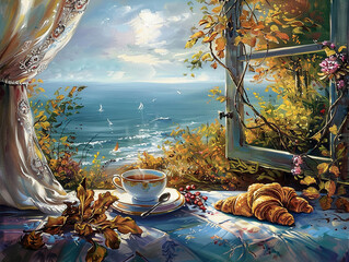 A painting of a cup of tea and croissants on a table