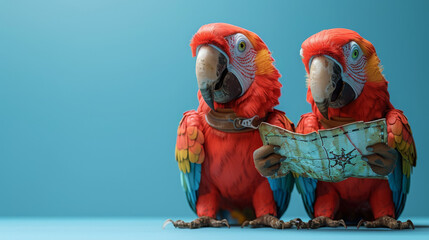 Award Winning National Geographic Minimal style, 3D parrots in miniature pirate outfits, one trying to read a treasure map upside down, plain Caribbean blue background, left in fra