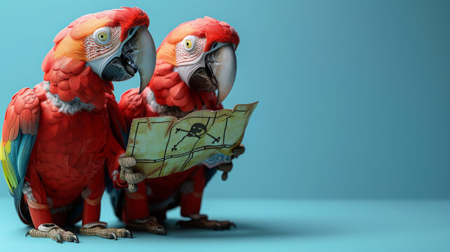 Award Winning National Geographic Minimal style, 3D parrots in miniature pirate outfits, one trying to read a treasure map upside down, plain Caribbean blue background, left in fra