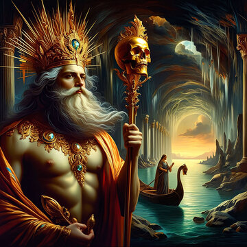 Hades Greek god of the underworld. Ruler over death and the dead. Brother of Zeus and Poseidon. God of Olympus. Ancient Greek mythology. Charon the ferryman. Generative AI