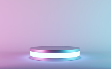 Empty product stand with neon lights on light background.