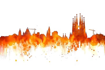 architecture illustration, simple watercolor of Barcelona skyline, line art, Spain romantic vacation banner, tour sightseeing wallpaper, travel time in Europe