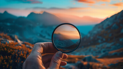 Hand Holding Magnifying Glass Over Mountain Landscape