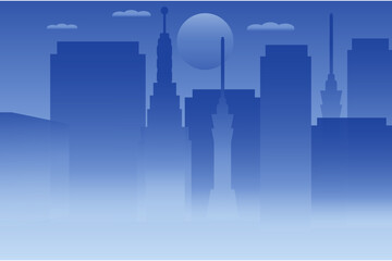 Blue city skyline. Night city blue.Modern design. Vector design. Neon light. Future technology background.