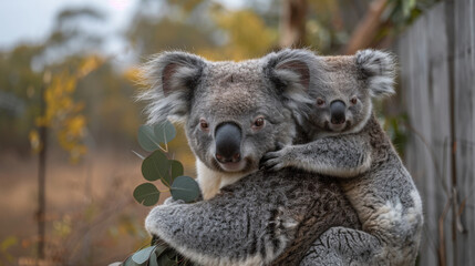 Award Winning national geographic Minimal style, applying the rule of thirds On the right third of the frame, 3D fluffy baby koalas clinging to their mothers' backs, one baby koala