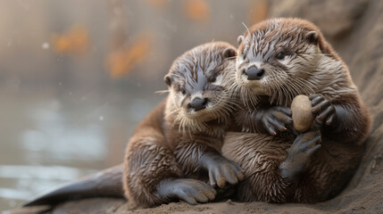 Fototapeta premium Award Winning national geographic Minimal style, applying the rule of thirds On the right third of the frame, 3D playful baby otters cuddling together in a cozy pile, one baby otte