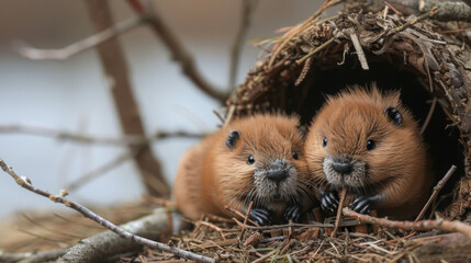 Award Winning national geographic Minimal style, the rule of thirds On the right third of the frame, 3D curious baby beavers building a miniature dam with twigs, one baby beaver gn