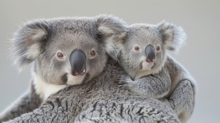 Award Winning national geographic Minimal style, the rule of thirds On the right third of the frame, 3D fluffy baby koalas clinging to their mothers' backs, one baby koala peeking