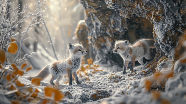Award Winning national geographic Minimal style, the rule of thirds On the right third of the frame, 3D fluffy baby arctic foxes exploring a snowy cave, one baby fox curiously snif