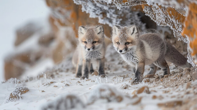 Award Winning national geographic Minimal style, the rule of thirds On the right third of the frame, 3D fluffy baby arctic foxes exploring a snowy cave, one baby fox curiously snif