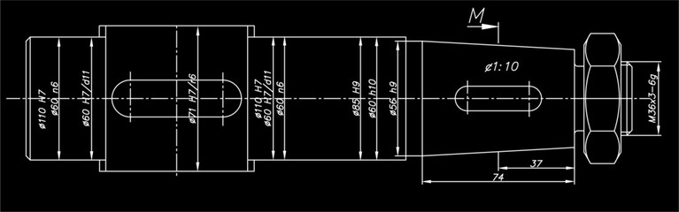 Vector engineering drawing of steel mechanical part 
with through holes, bolt connection and dimension lines. 
Industrial technical
cad scheme on paper sheet. Technology background with drive shaft.