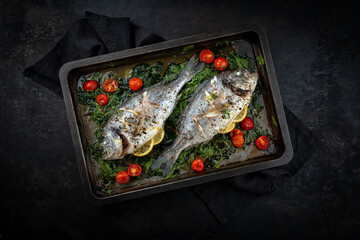 Two fresh steamed gilthead seabreams with tomatoes and lettuce served as top view in a rustic backing sheet