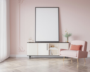 mock up poster frame in modern interior background, living room. 3D render, 3D illustration