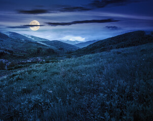 carpathian countryside in spring at night. beautiful rural landscape in carpathian mountain. wet...