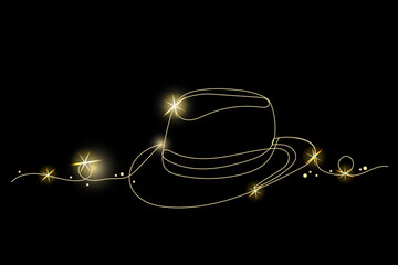 Line Art fedora Hat with Gold Glitter Stars. Luxury Rich Glamour Invitation Card Template. fedora Hat Isolated on Black. Shine Gold Light Texture Effect. Glowing Blink Star Symbol Element Gift.