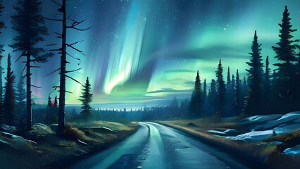 Beautiful scenery where a small Aurora Borealis can be seen majestically in the sky over a road that crosses the land near a forest. There's a small gray forest in the forest. Soft colors. , Mysteriou