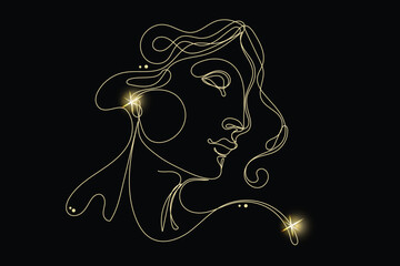 Line Art Woman Face with Gold Glitter Stars. Luxury Rich Glamour Invitation Card Template. Portrait Isolated on Black. Shine Gold Light Texture Effect. Glowing Blink Star Symbol Element Gift.