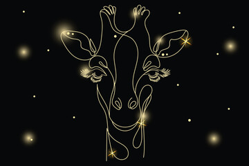 Line Art Giraffe Animal with Gold Glitter Stars. Luxury Rich Glamour Invitation Card Template.  Pet Isolated on Black. Shine Gold Light Texture Effect. Glowing Blink Star Symbol Element Gift.
