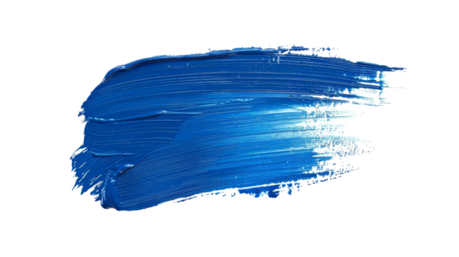 Blue paint brush stroke smear color texture swatch isolated on transparent background, cut out, PNG.
