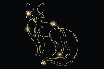 Line Art Fox Animal with Gold Glitter Stars. Luxury Rich Glamour Invitation Card Template. Fox Pet Isolated on Black. Shine Gold Light Texture Effect. Glowing Blink Star Symbol Element Gift.