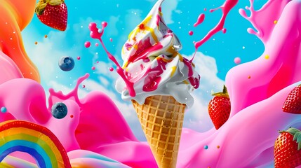 Ice cream cone with rainbow splash and fruit.