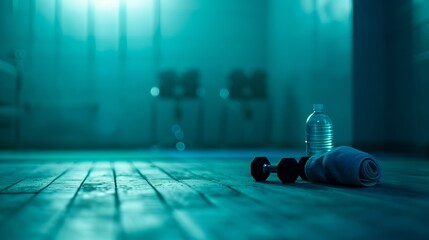 A bottle of water on the floor in a dark room.