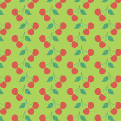 Seamless pattern red cherries on a green background. Vector.