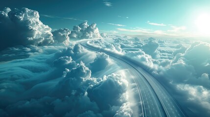 Fototapeta premium A road cuts through the clouds in the sky, creating a surreal landscape