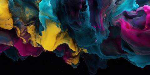 Paint Ink drop in water, Motion color explosion smoke, Blue pink color fluid splash vapor cloud on glitter dust texture black abstract art background. High quality photo