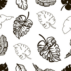Seamless pattern of leaves in doodle style, lines and black silhouette. Vector illustration.