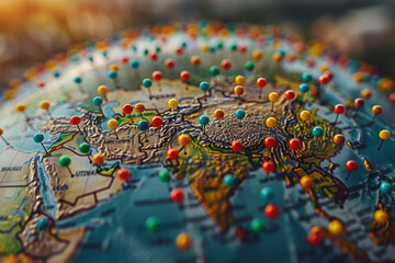 Naklejka premium A globe adorned with colorful pins marking locations of international significance, highlighting global hotspots and geopolitical events. Concept of global geopolitics and mapping. Generative Ai.