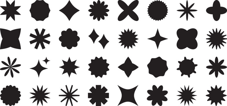 Shape y2k element, spark symbol, abstract retro star set, geometric flower, modern magic ray, light effect, graphic black sticker isolated on white background. Cartoon vector illustration