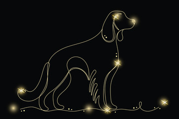 Line Art Setter with Gold Glitter Stars. Luxury Rich Glamour Invitation Card Template. Outline Dog Isolated on Black. Shine Gold Light Texture Effect. Glowing Blink Star Symbol Element Gift.