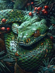 Fototapeta premium Green snake on the Christmas tree symbol of the new year 2025