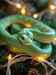 Fototapeta premium Green snake on the Christmas tree symbol of the new year 2025