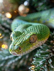 Fototapeta premium Green snake on the Christmas tree symbol of the new year 2025