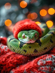 Fototapeta premium Green snake on the Christmas tree symbol of the new year 2025