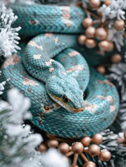 Fototapeta premium Green snake on the Christmas tree symbol of the new year 2025