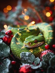 Fototapeta premium Green snake on the Christmas tree symbol of the new year 2025