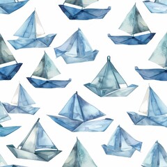Watercolor paper boats seamless pattern on white background for design projects and print materials