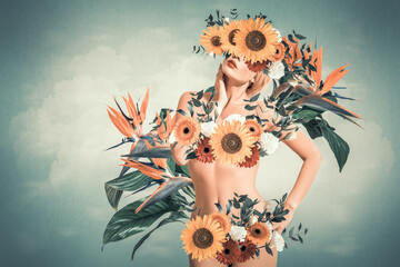 Vibrant sunflower bouquet arranged in a blooming floral human form.