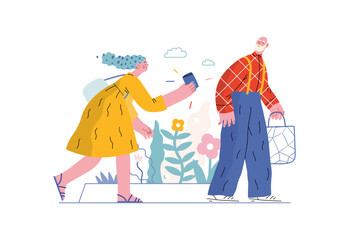 Mutual Support: Picking Up the Dropped Item -modern flat vector concept illustration of a woman who picked up a wallet lost by an elderly man Metaphor of voluntary, collaborative exchanges of services