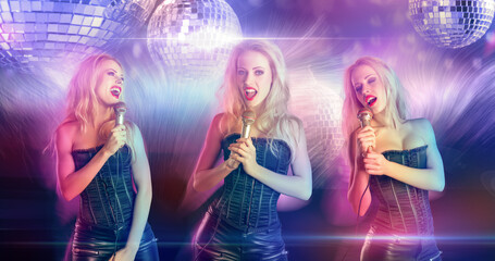 Energetic Girl Band Singing on Stage with Disco Balls