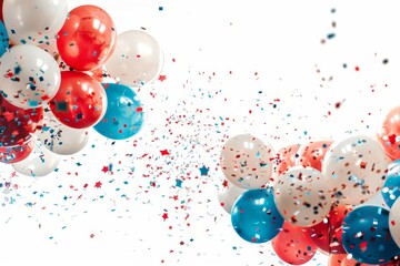 Festive card design with colorful balloons and confetti for celebrations on white background