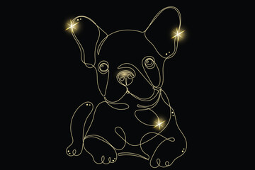 Line Art Bulldog with Gold Glitter Stars. Luxury Rich Glamour Invitation Card Template. Outline Dog Isolated on Black. Shine Gold Light Texture Effect. Glowing Blink Star Symbol Element Gift.