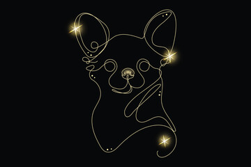 Line Art Dog Animal with Gold Glitter Stars. Luxury Rich Glamour Invitation Card Template. Line  Chihuahua Isolated on Black. Shine Gold Light Texture Effect. Glowing Blink Star Symbol Element Gift.